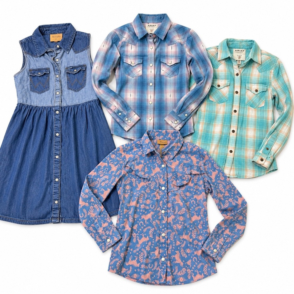 Girls Western Lot Wrangler Denim Dress Ariat Plaid Pearl Snap Shirts 4pc M L 10